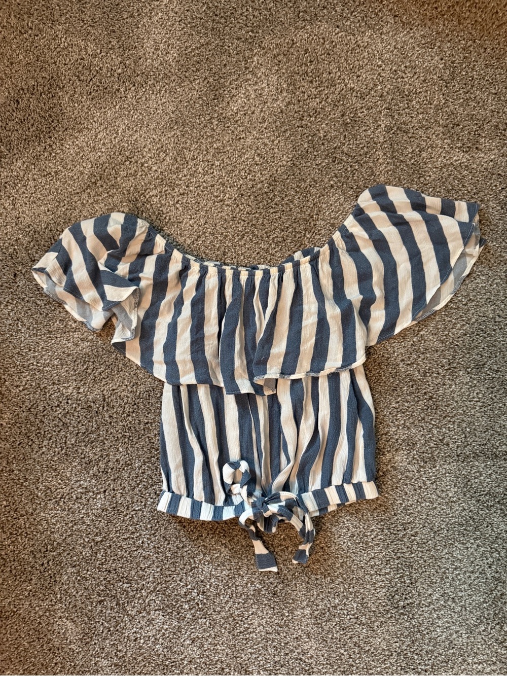 Blue and White Striped Off-Shoulder Tie-Front Top